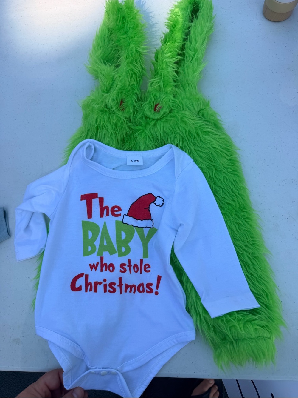 Grinch- Holiday Baby One-Piece Bodysuit with Lime Green Furry Overalls